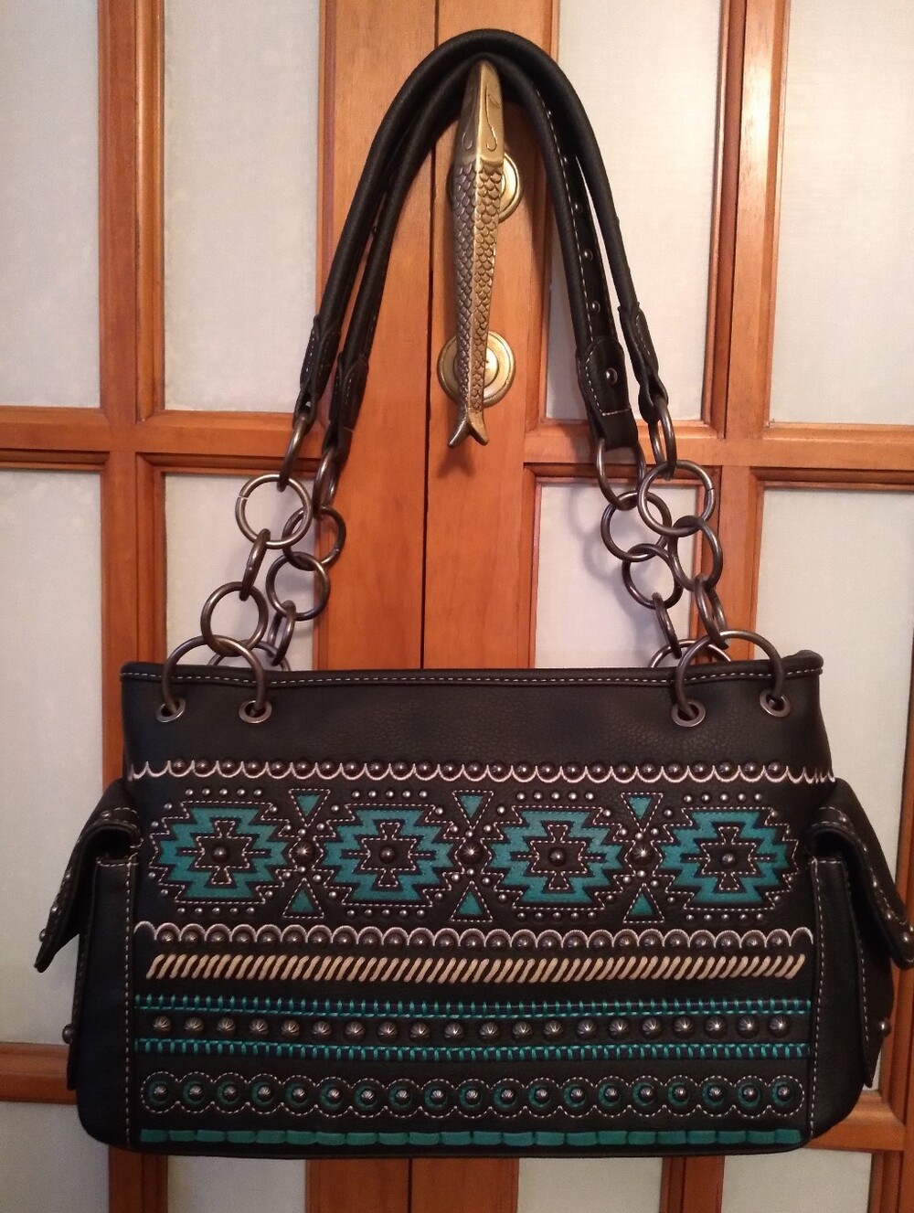 Gorgeous Montana West Black And Teal Studded Western Handbag Aztec Design NWOT